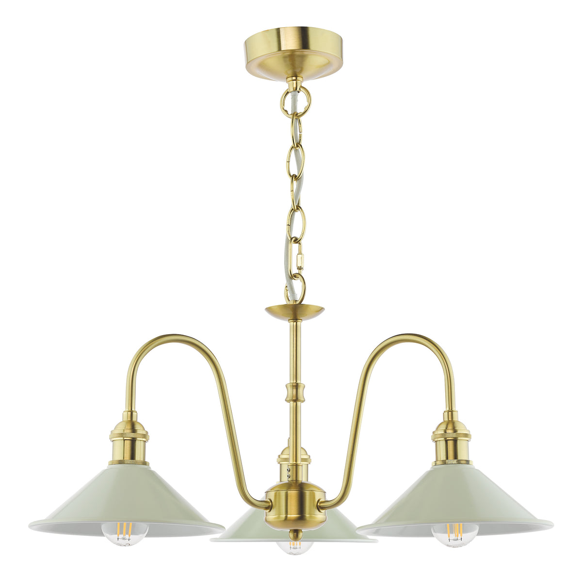 Brass chandelier with three light green conical shades and exposed filament bulbs.