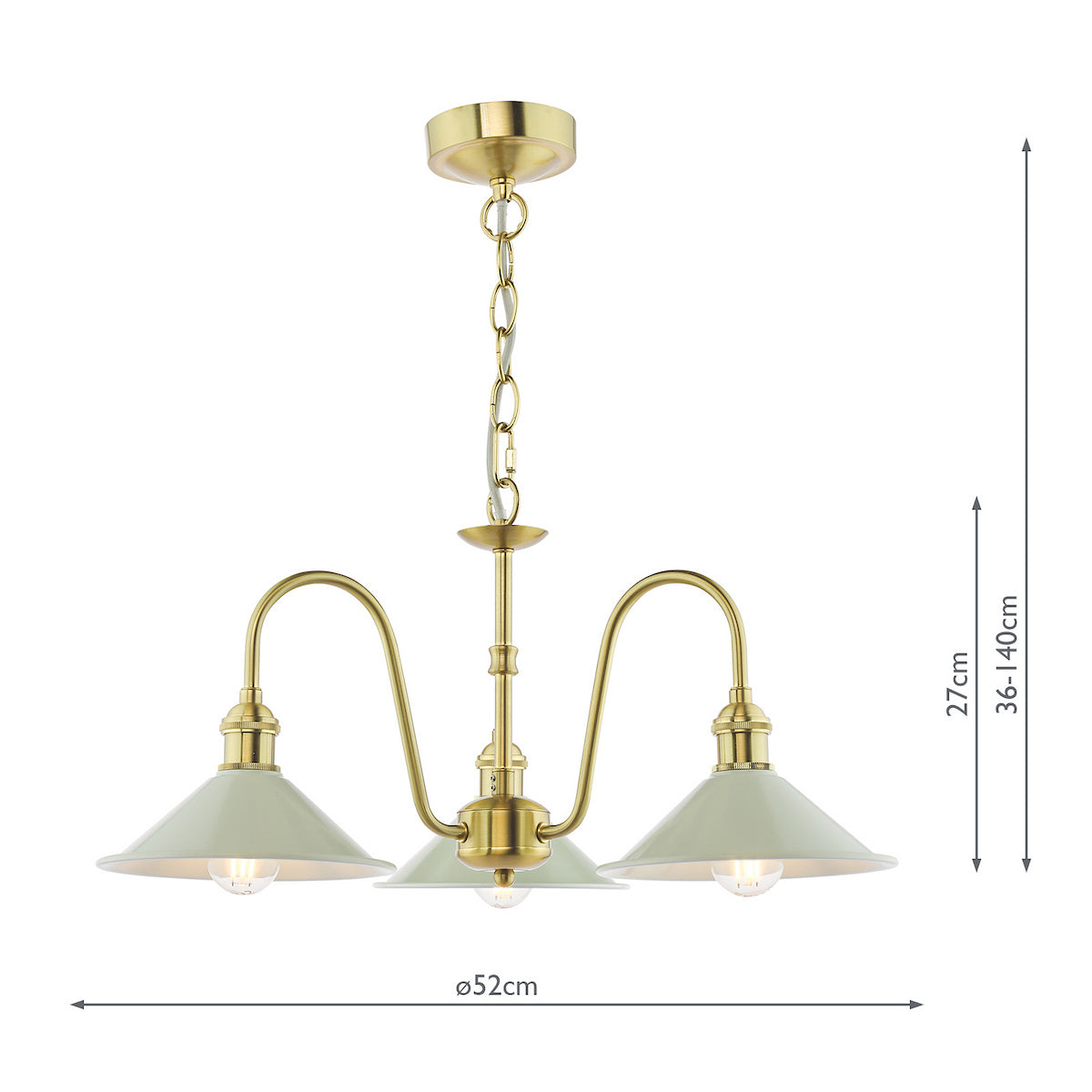 Brass chandelier with three light green shades and exposed bulbs. Dimensions are 52cm wide and 36-140cm high.