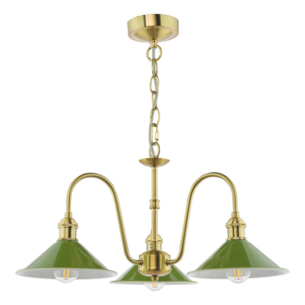 Three-light chandelier with green metal shades and brass accents.