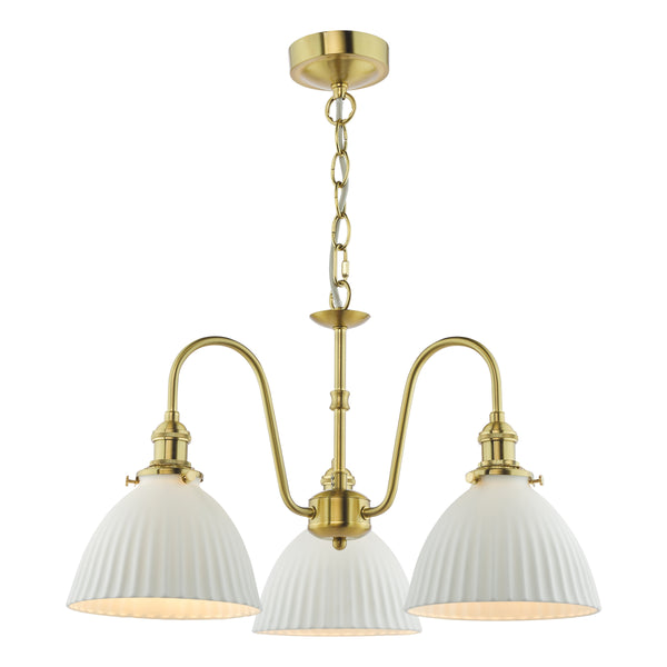 Three-light chandelier with brass finish and white ribbed glass shades.
