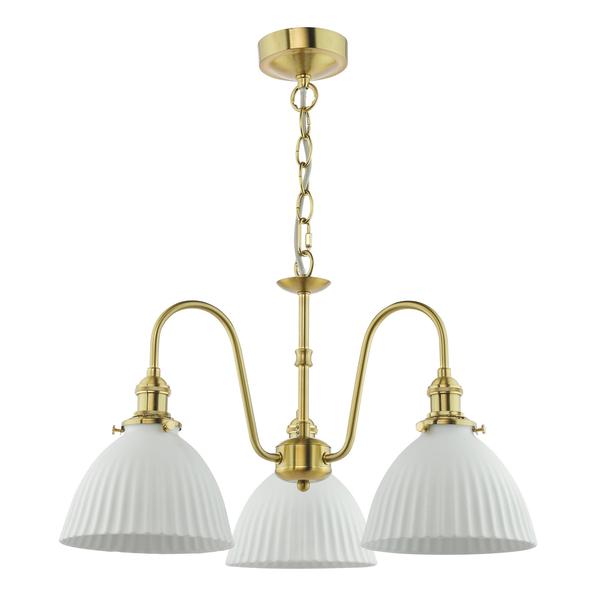 A three-light chandelier with a brass finish and white fluted glass shades.