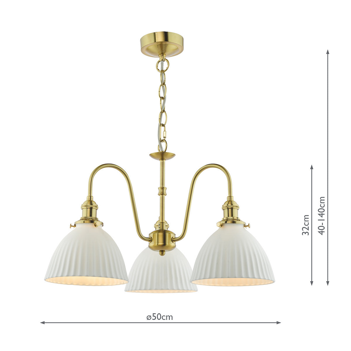Brass chandelier with three white fluted shades, showing dimensions of 50cm width and adjustable height 40-140cm.