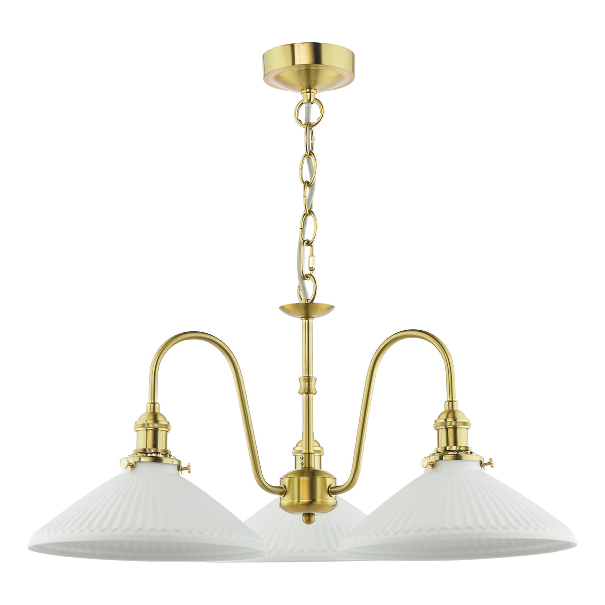 Brass chandelier with three white fluted glass shades, hanging from a chain on a white background.