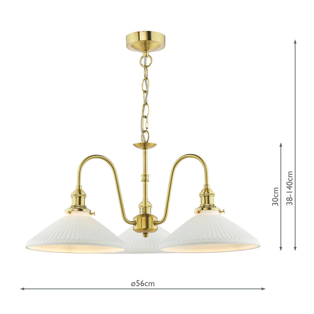 Brass chandelier with three white fluted shades, showing dimensions of 56cm width and adjustable height from 38-140cm.