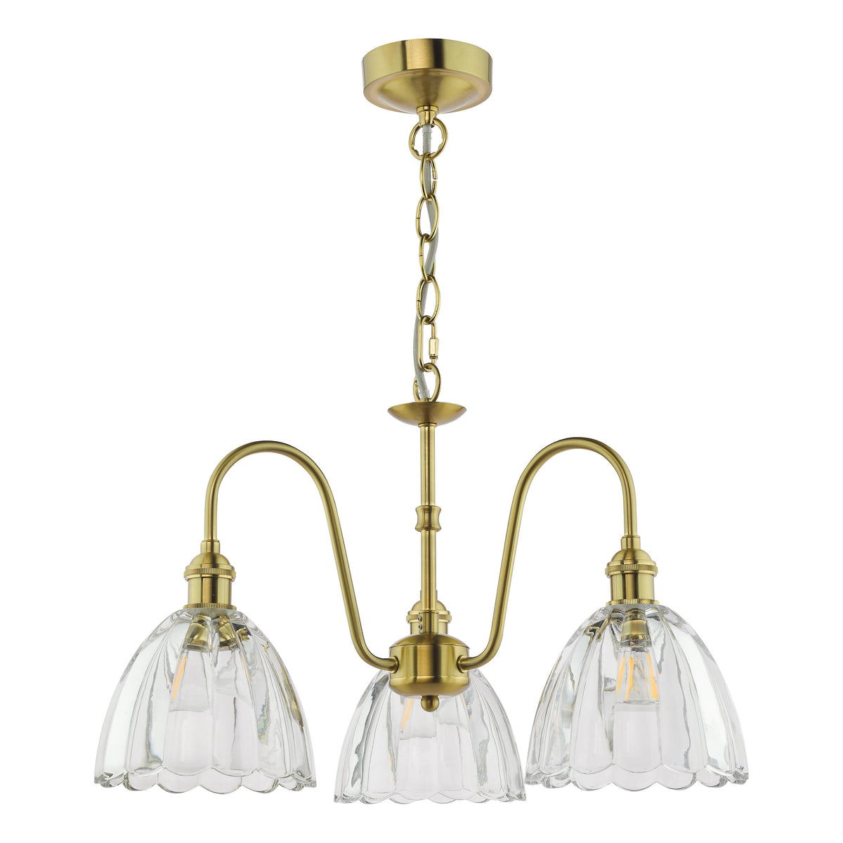 Brass chandelier with three scalloped glass shades, each holding an exposed filament bulb. 