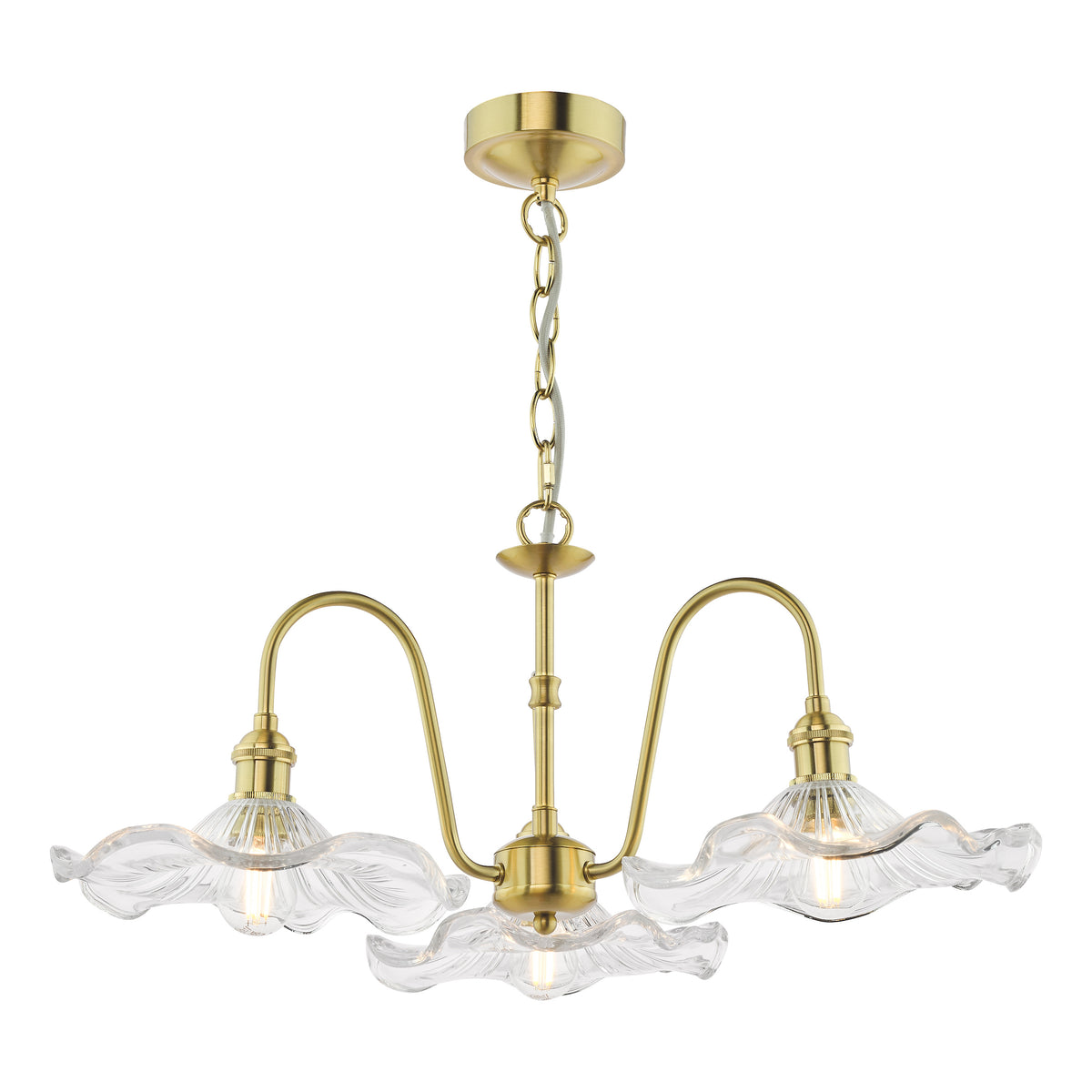 Brass chandelier with three wavy, clear glass shades, hanging from a chain.