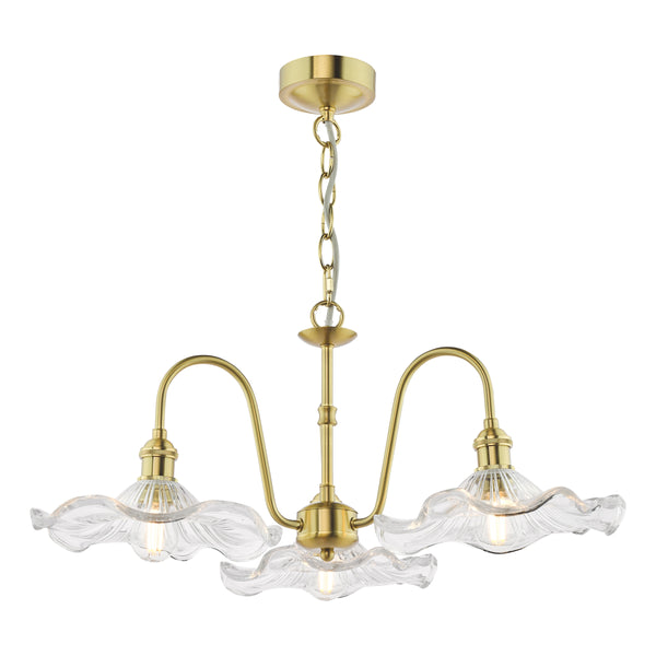 Brass chandelier with three wavy, clear glass shades, hanging from a chain.