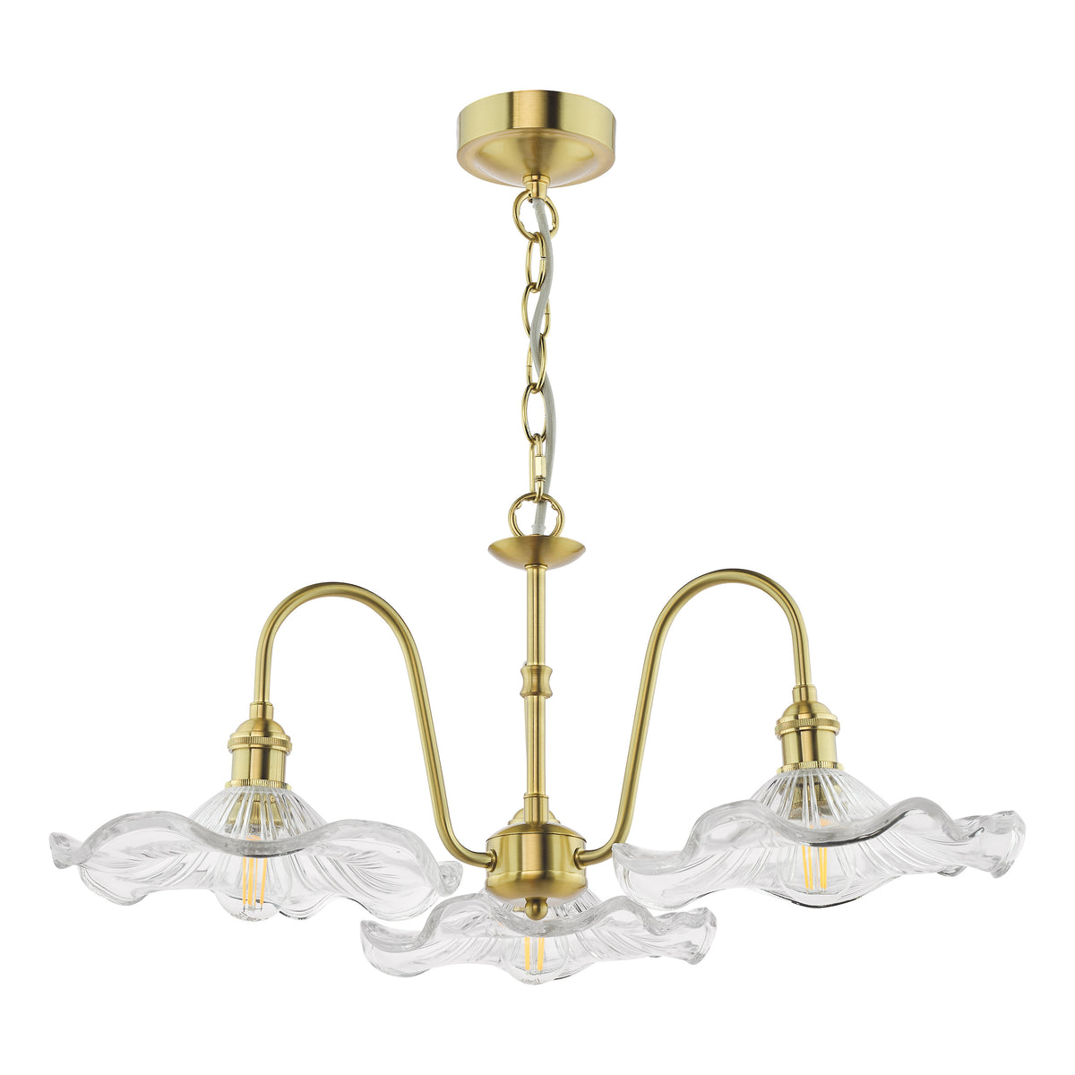 Brass chandelier with three wavy glass shades and exposed filament bulbs.
