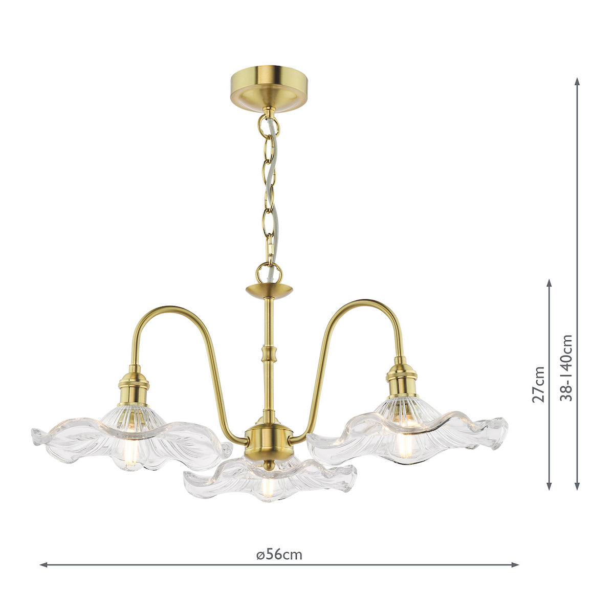 Brass chandelier with three wavy glass shades, showing dimensions of 56cm width and 38-140cm height.
