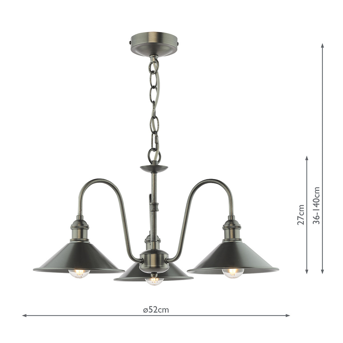 A three-light chandelier in an antique pewter finish with dome shades. It measures 52cm wide and 36-140cm high.