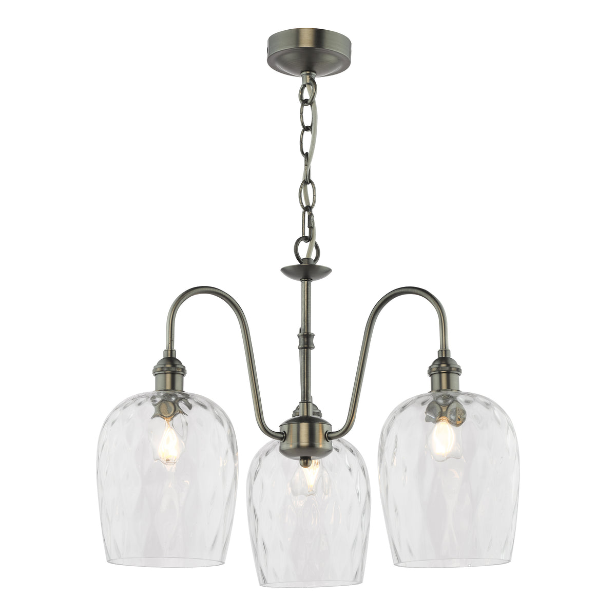 Three-light chandelier with clear, textured glass shades and an antique brass finish.