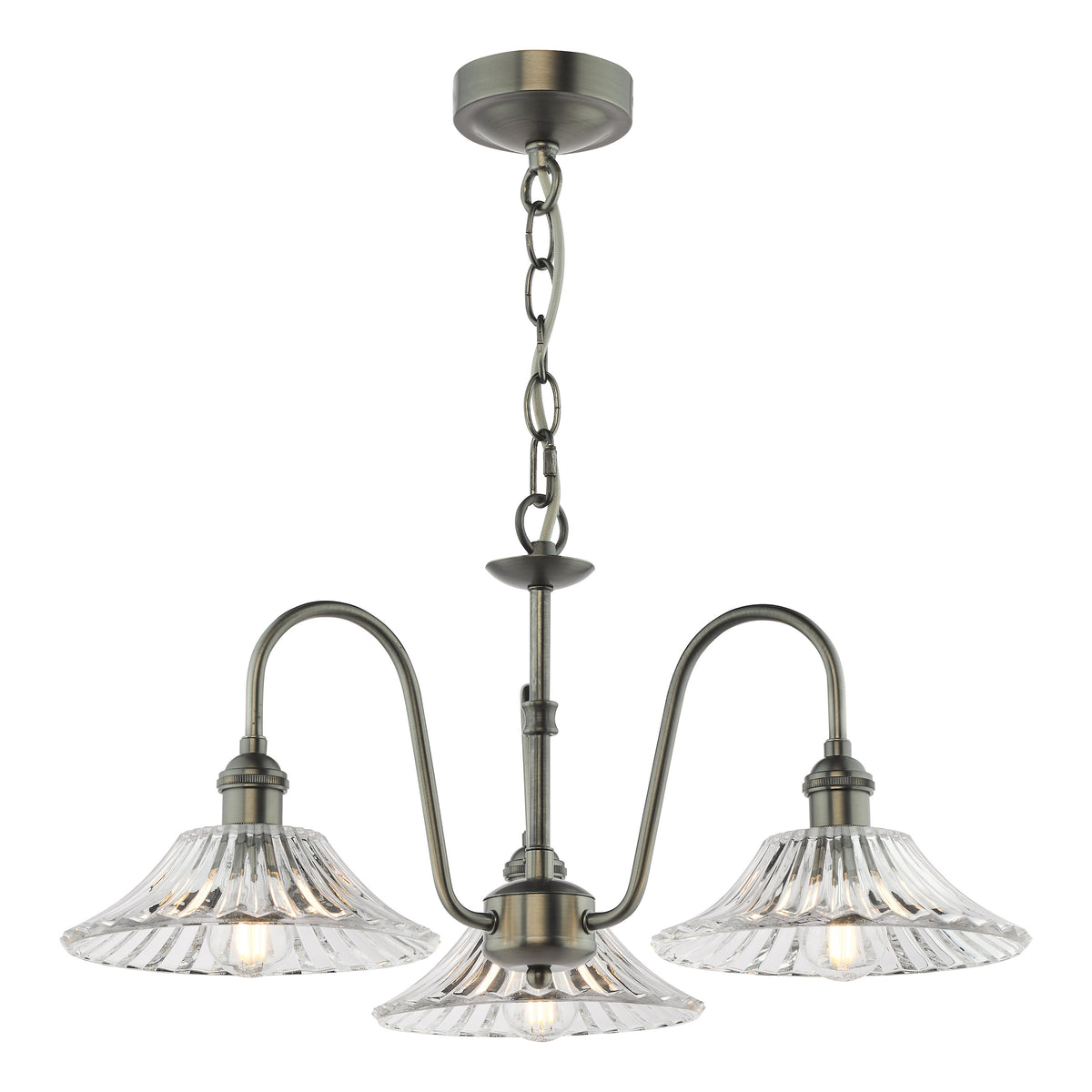 Antique brass chandelier with three ribbed glass shades and exposed bulbs.