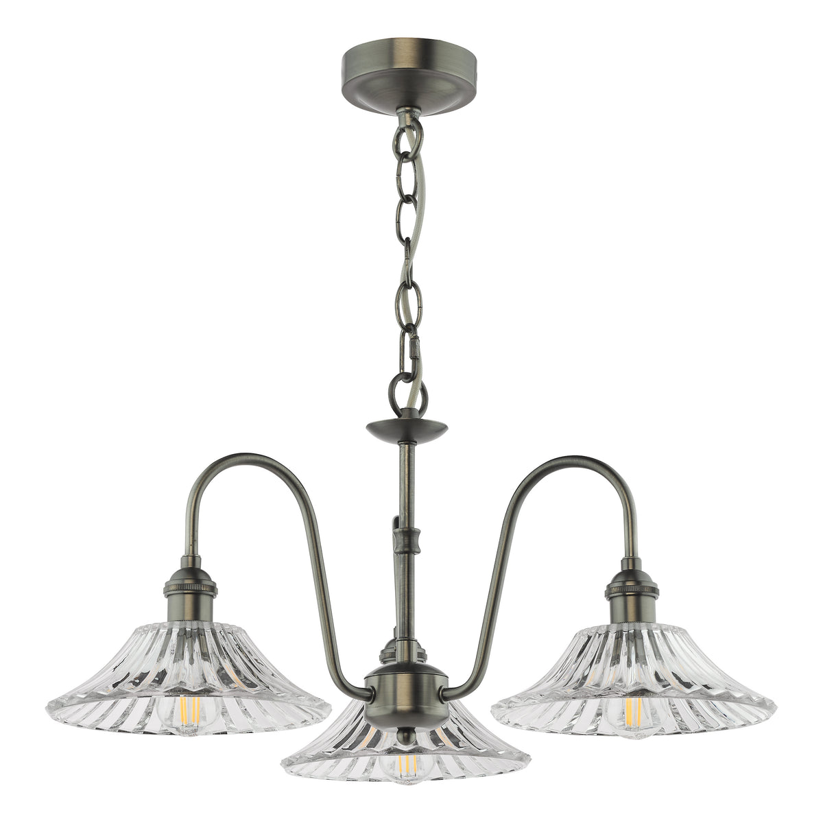Antique brass chandelier with three ribbed glass shades, each holding an exposed filament bulb.