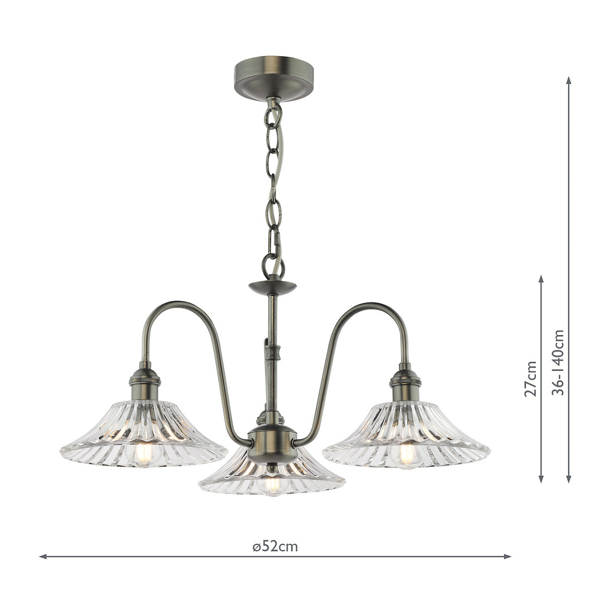 A three-light chandelier with clear fluted glass shades and an antique brass finish, with dimensions shown.