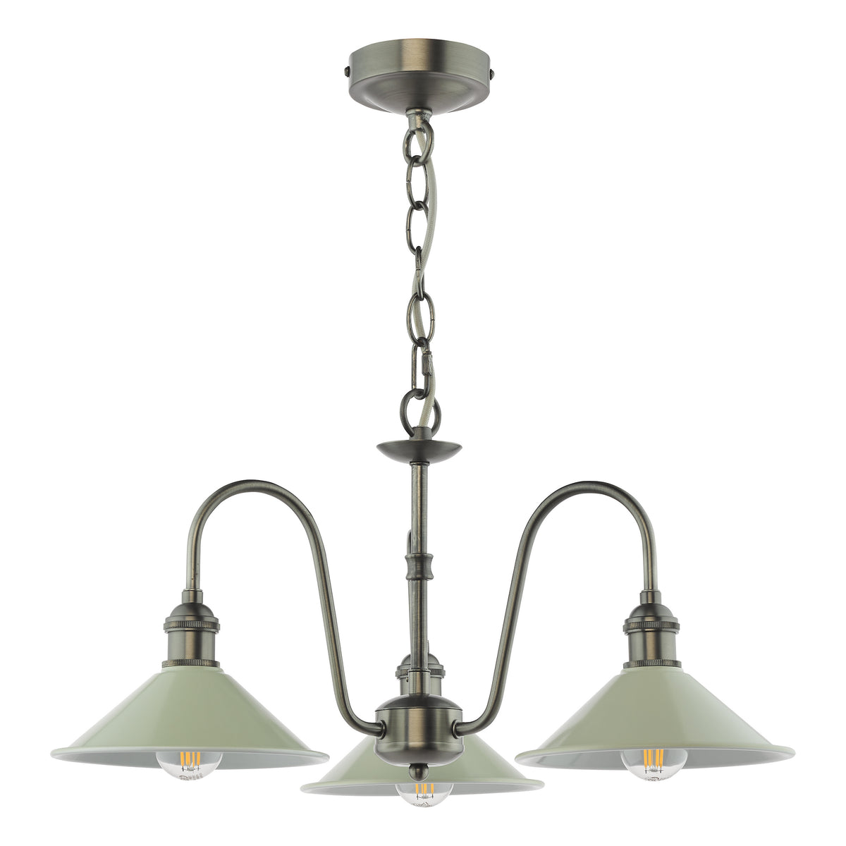 Antique brass chandelier with three light green enamel shades and exposed filament bulbs.