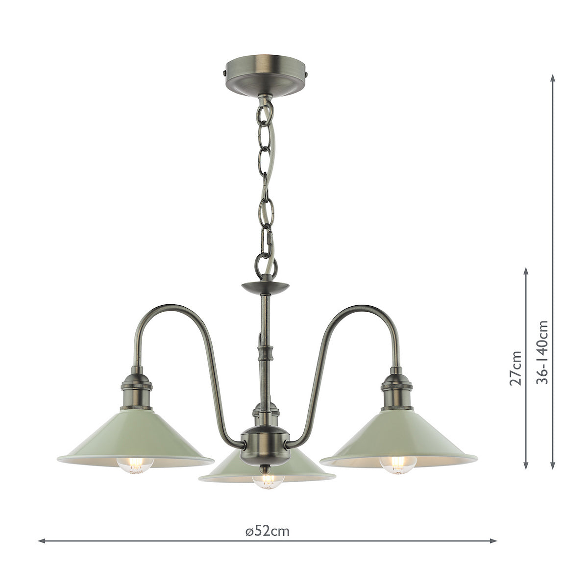 A three-arm ceiling light with pale green shades and an antique brass finish. It measures 52cm wide.