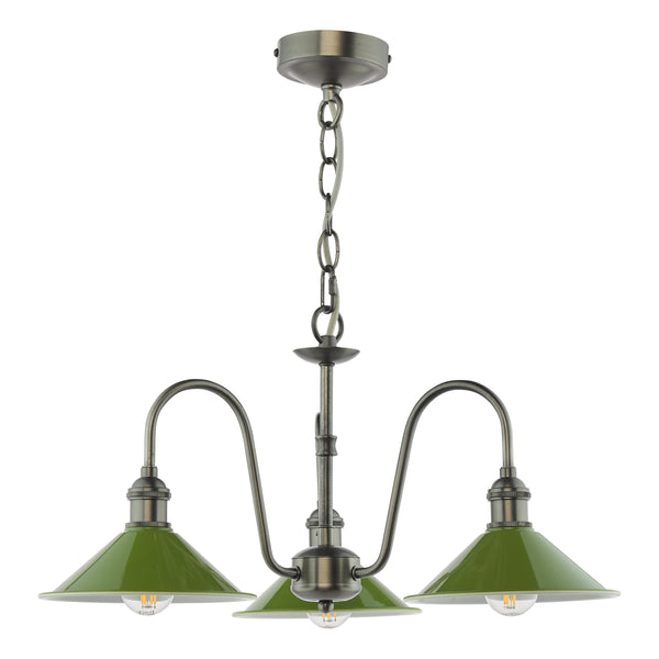 Three-light chandelier with green metal shades and antique brass finish, hanging from a chain.