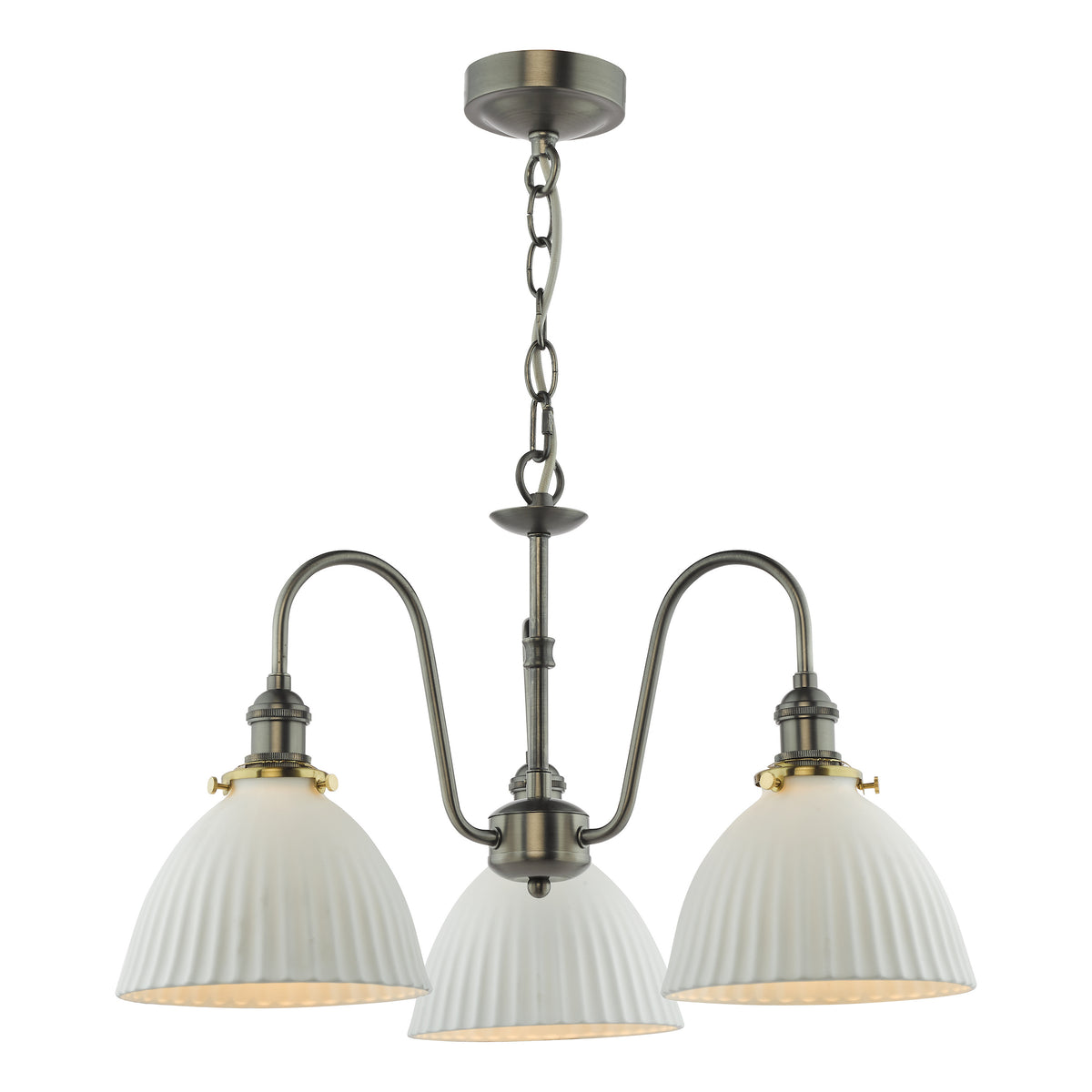 Three-light chandelier with antique brass finish and ribbed white glass shades.