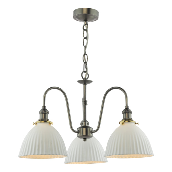 Three-light chandelier with antique brass finish and ribbed white glass shades.