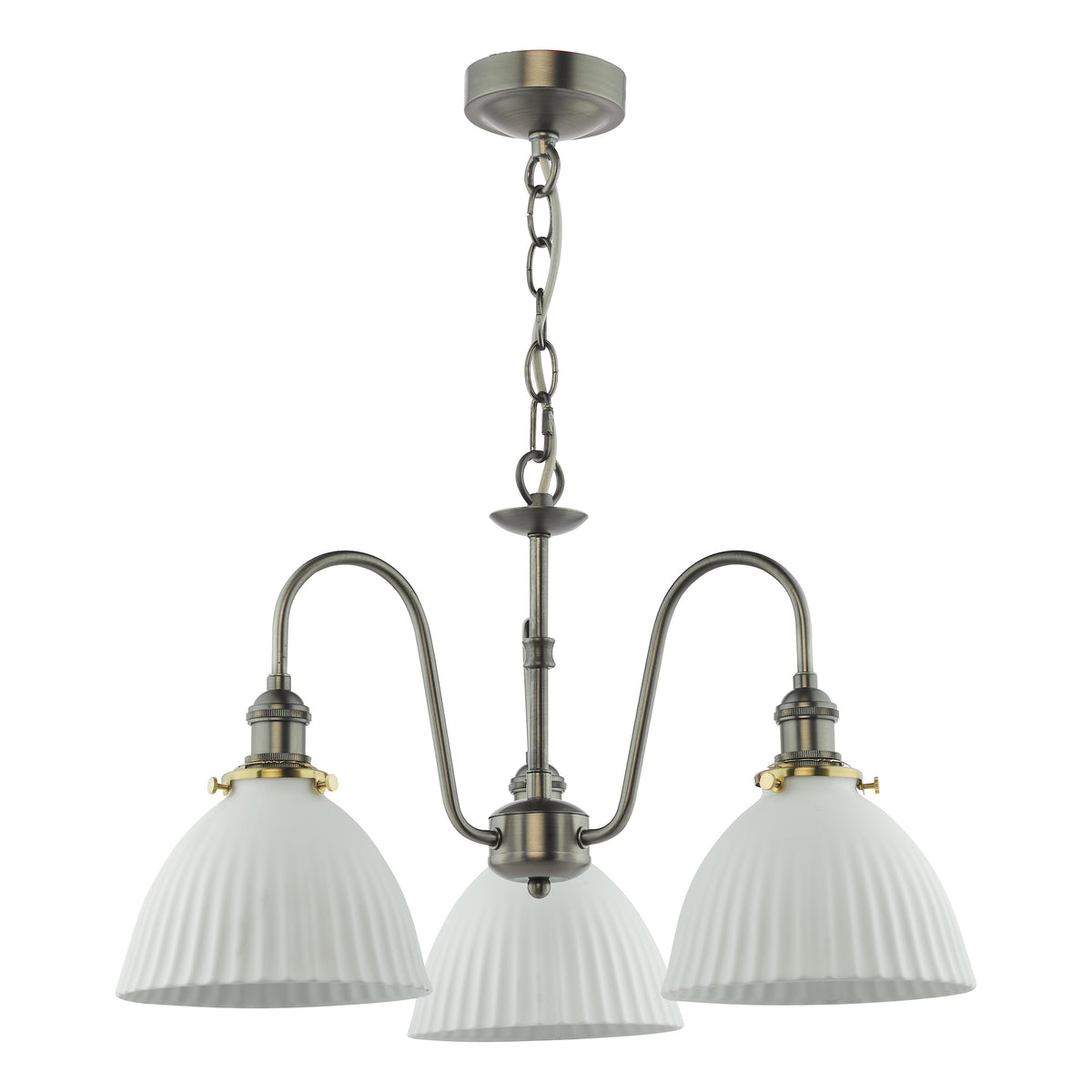 Bronze chandelier with three ribbed white glass shades.