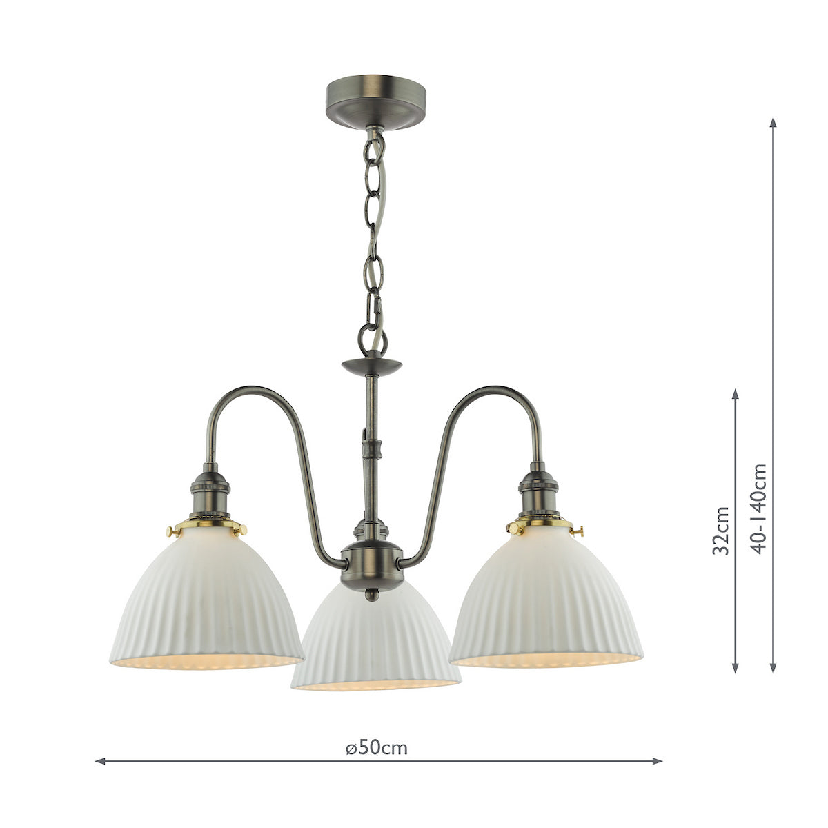 Three-light chandelier with white fluted shades and antique brass finish, with dimensions.