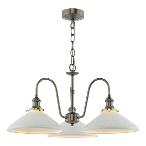 Three-light chandelier with antique brass finish and ribbed white glass shades.
