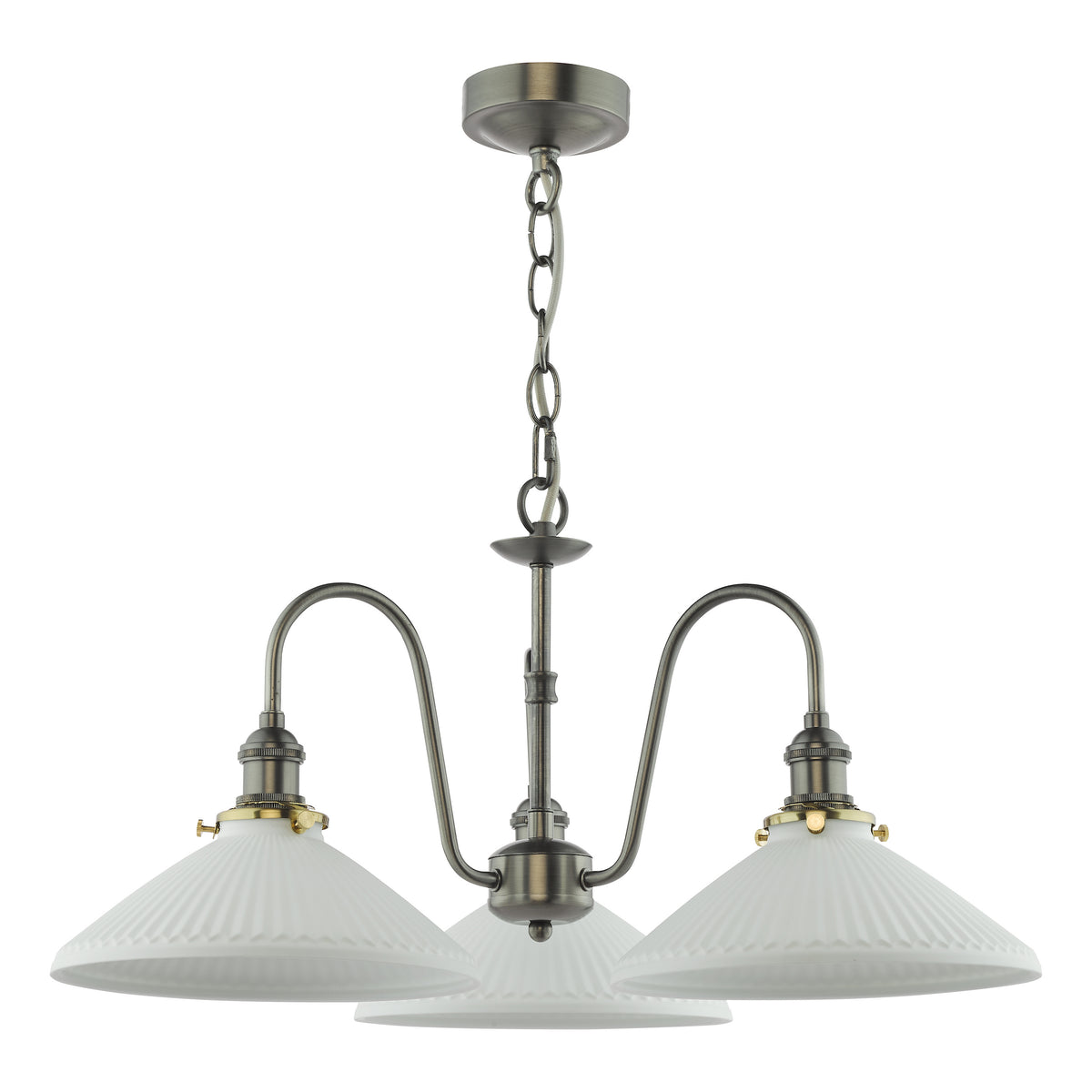 Three-light chandelier with white fluted glass shades and an antique brass finish.