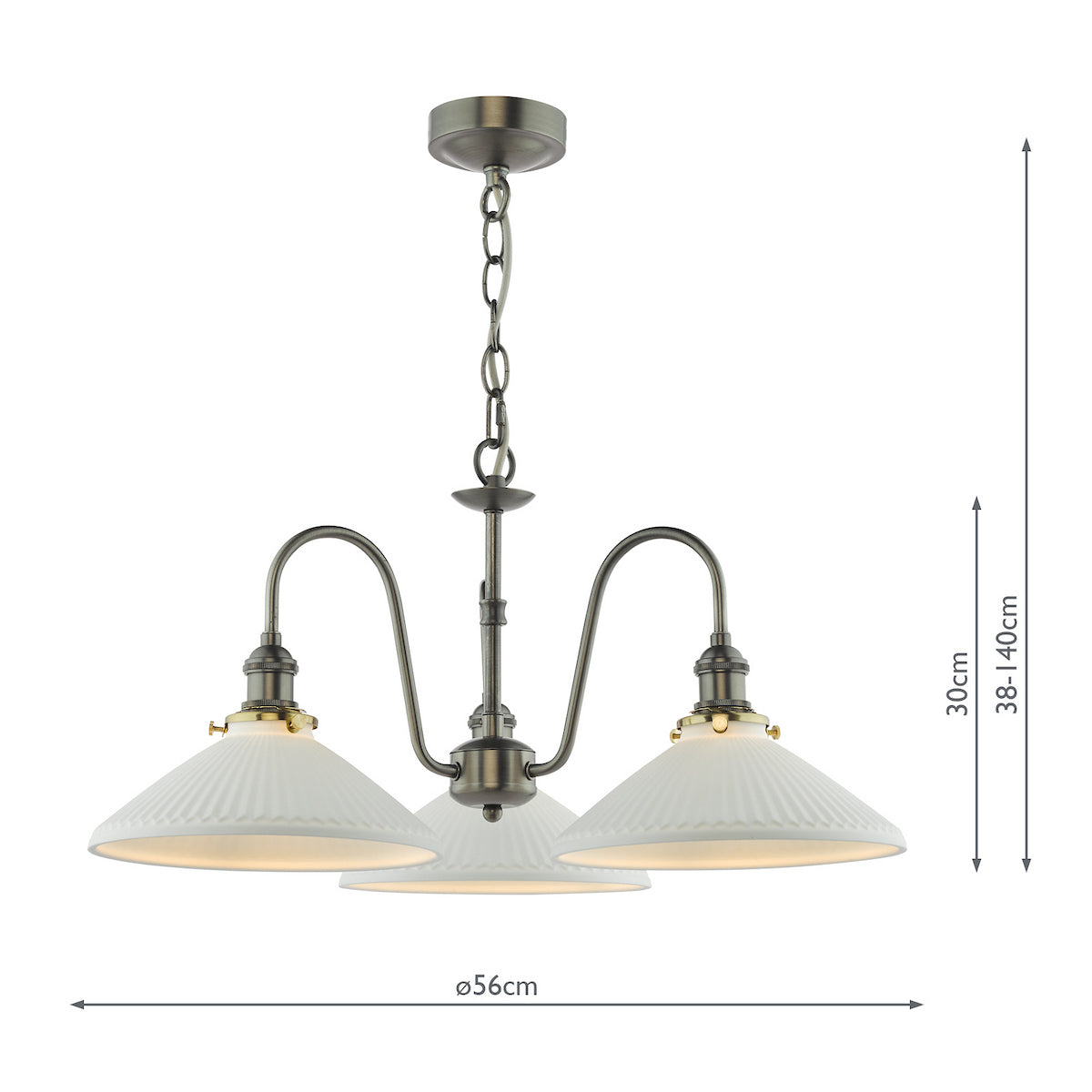 Three-light chandelier with white fluted shades and antique brass finish, showing dimensions.