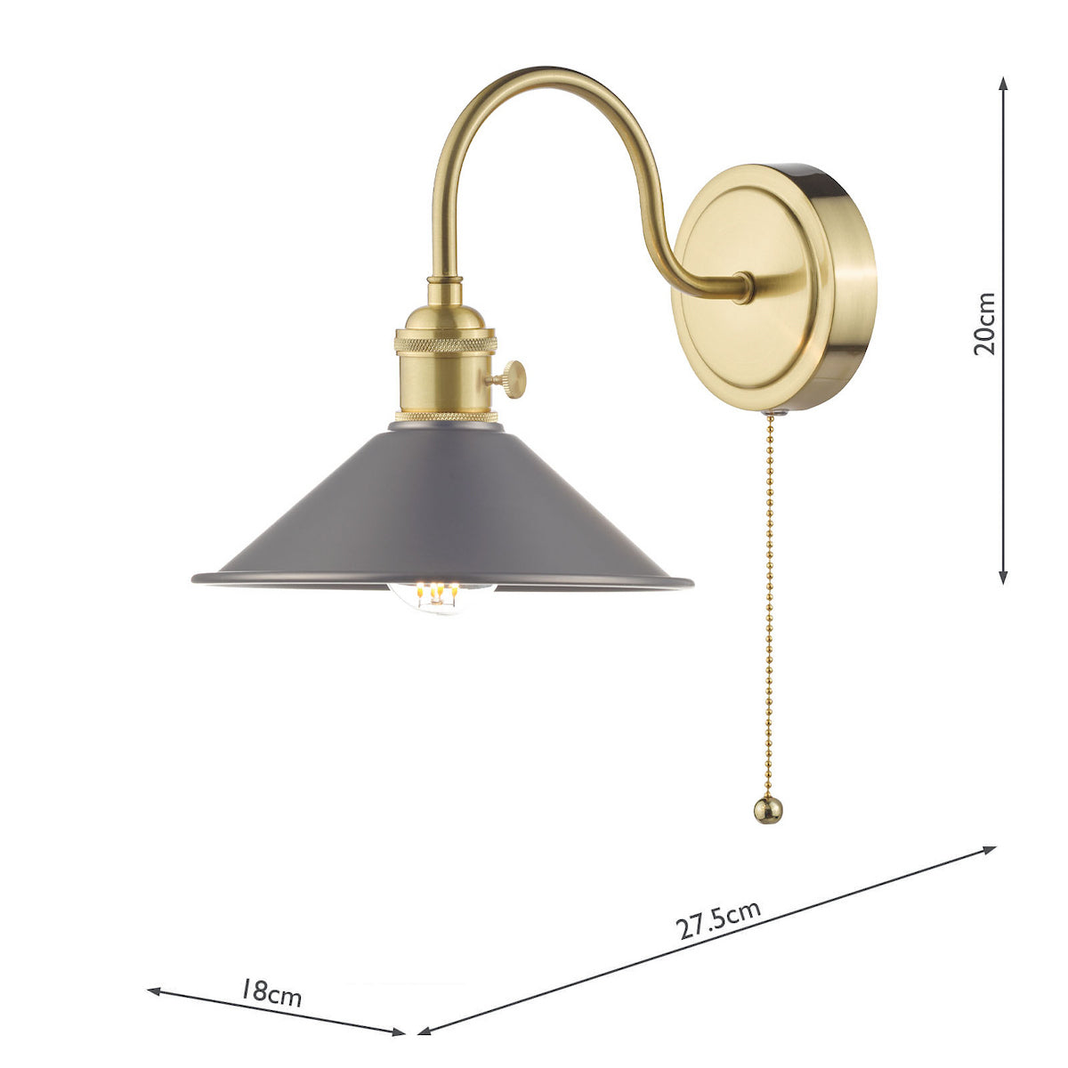 A brass wall light with a curved arm, a grey conical shade, and a pull chain switch. Dimensions are included.