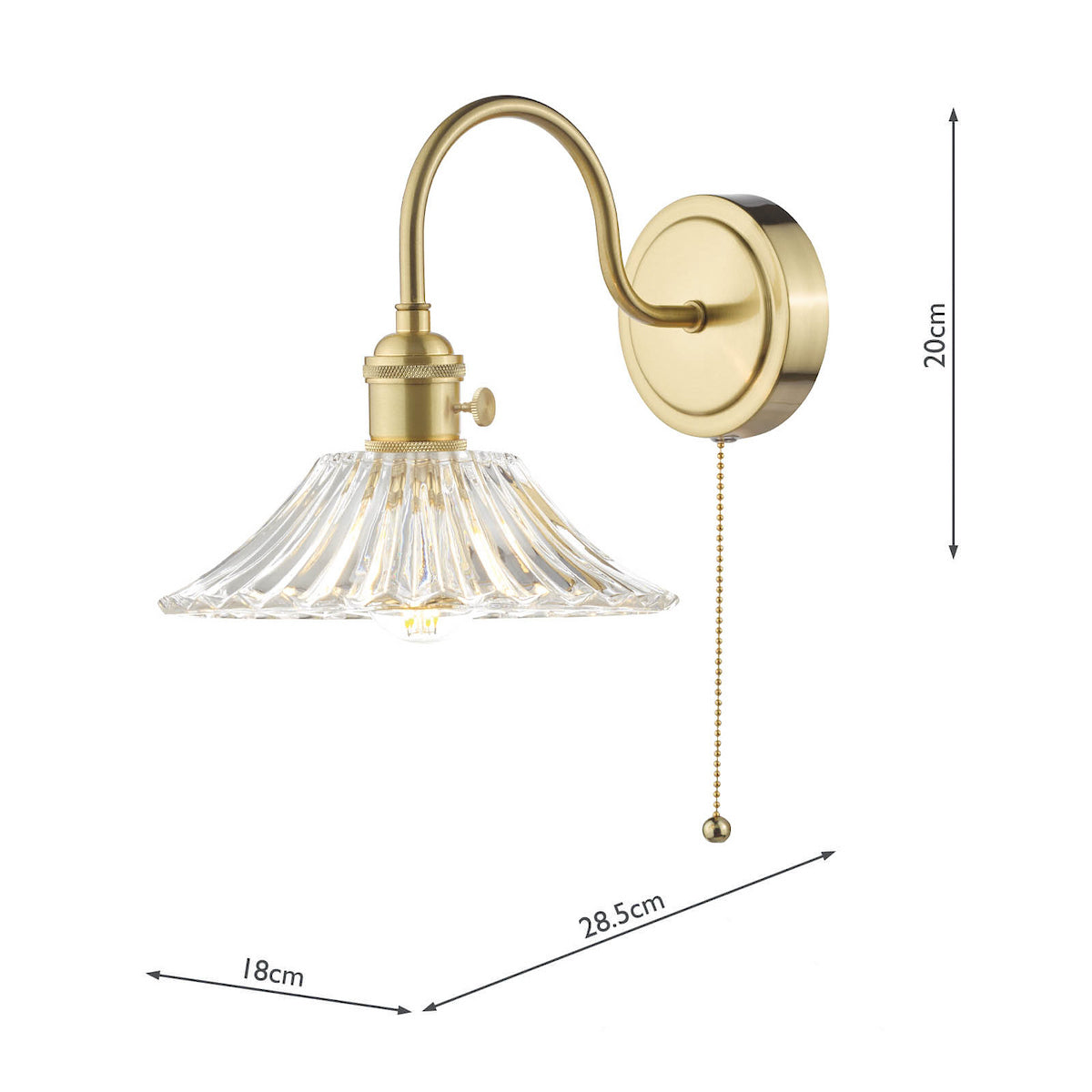 Brass wall light with a clear fluted glass shade and a pull chain, showing dimensions.