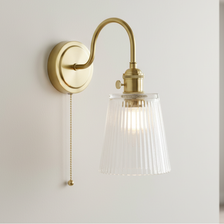 Hadano Switched Wall Light In Natural Brass with Clear Ribbed Glass Shade