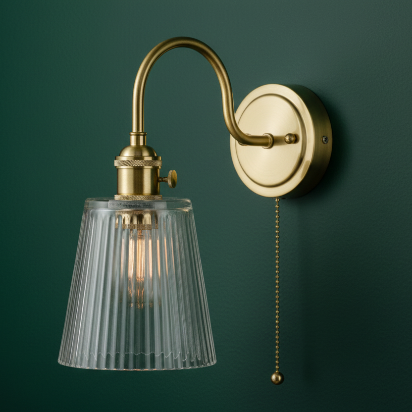 Hadano Switched Wall Light In Natural Brass with Clear Ribbed Glass Shade