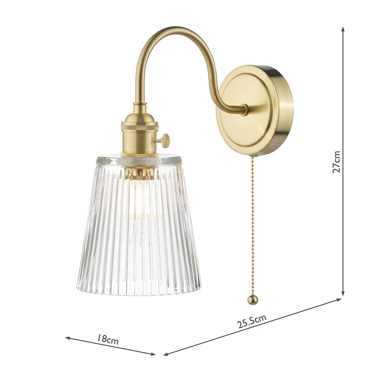 Brass wall light with a fluted glass shade and pull chain, showing dimensions.