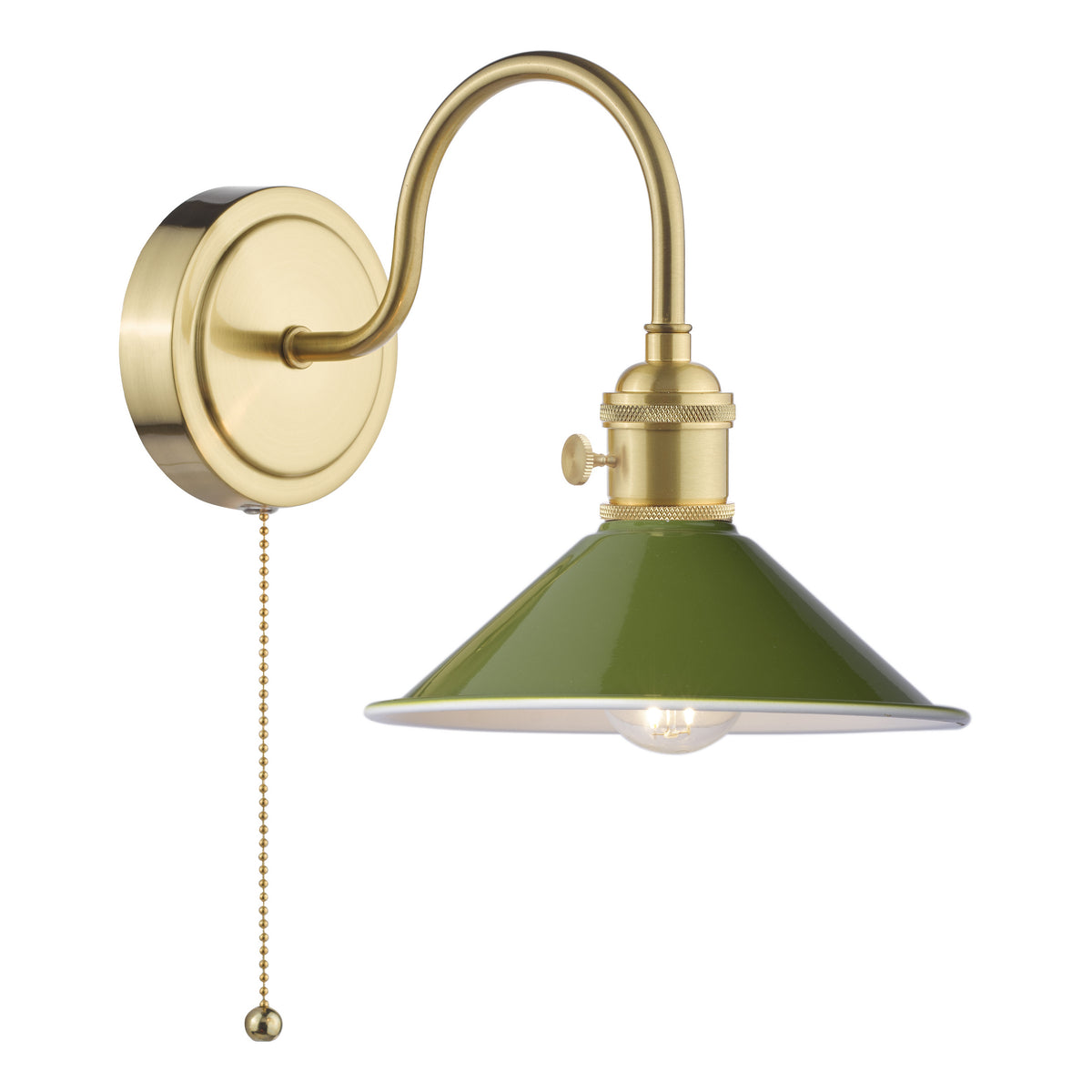Brass wall sconce with a curved arm, holding a green conical shade with a visible light bulb. A pull chain hangs below.