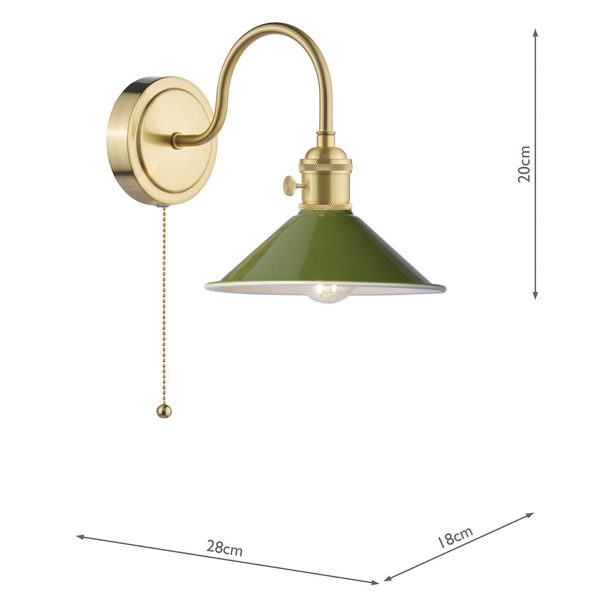 Brass wall light with a curved arm, a green conical shade, and a pull chain switch. Dimensions are 20cm H, 28cm W, 18cm D.