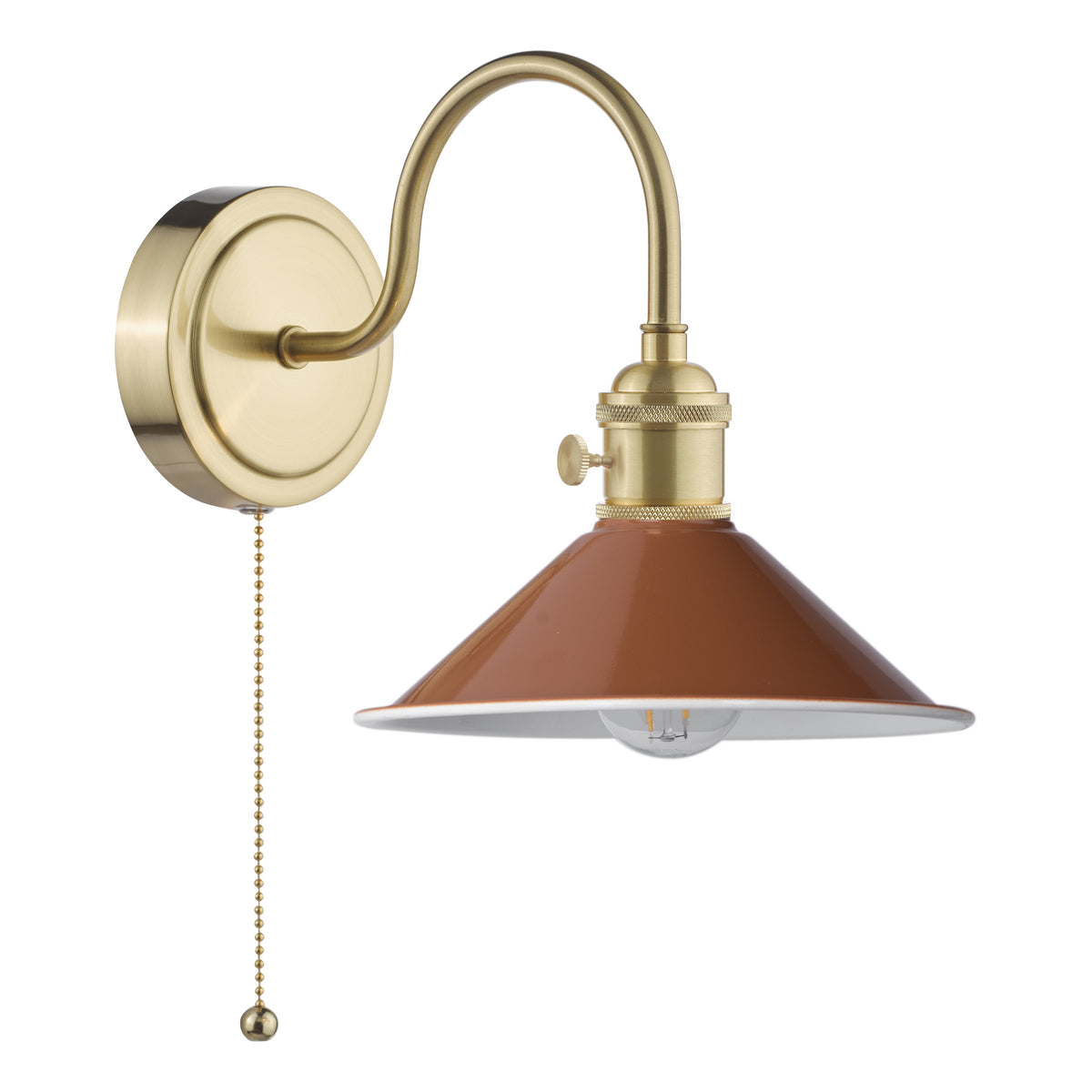 Brass wall sconce with a curved arm and a rust-colored, cone-shaped shade. It has a pull chain switch.