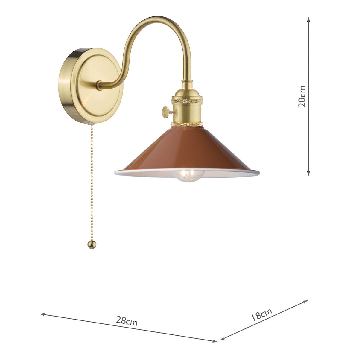 A brass wall light with a curved arm, a pull chain, and a brown conical shade, with dimensions shown.