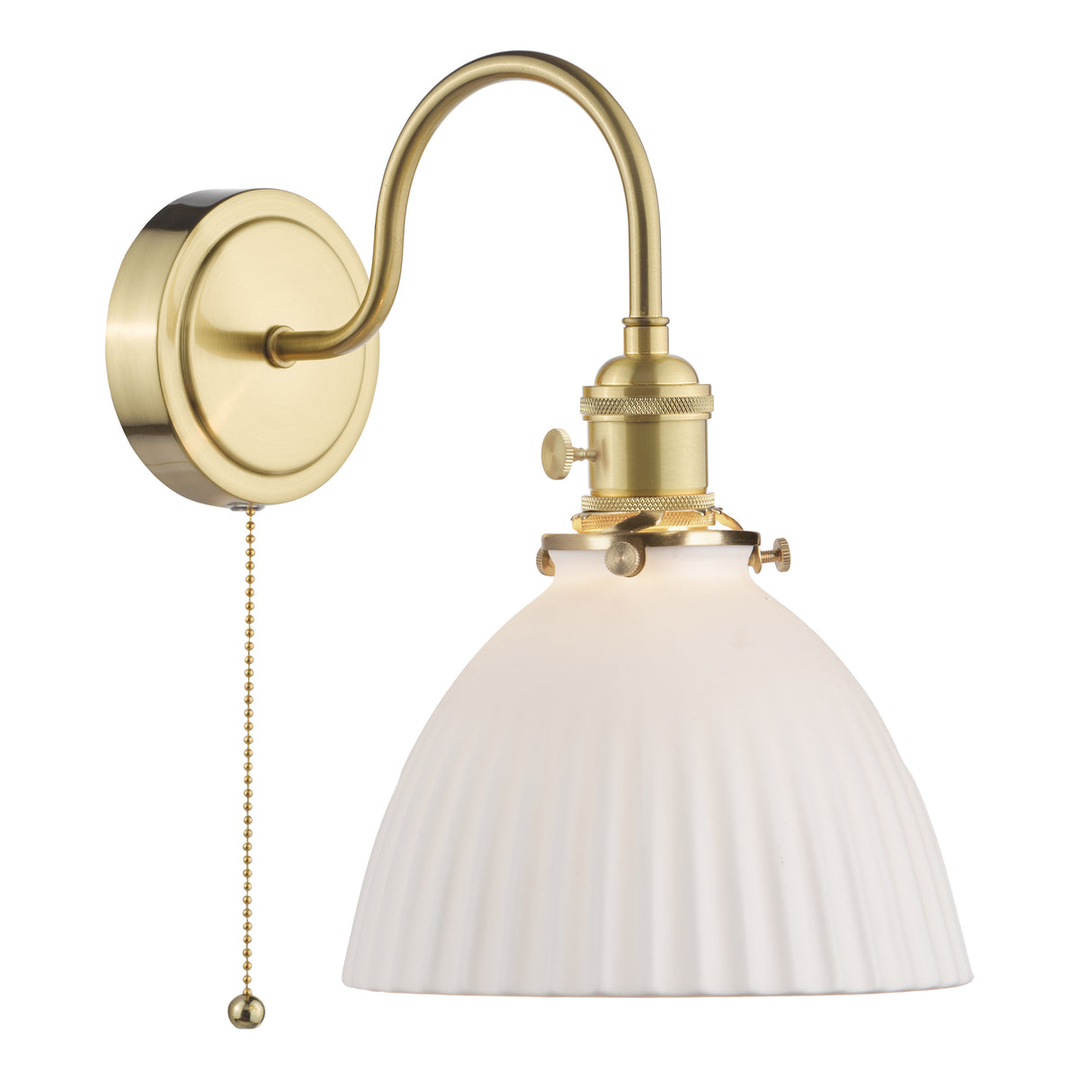 Brass wall sconce with a curved arm, a ribbed white glass shade, and a pull chain.