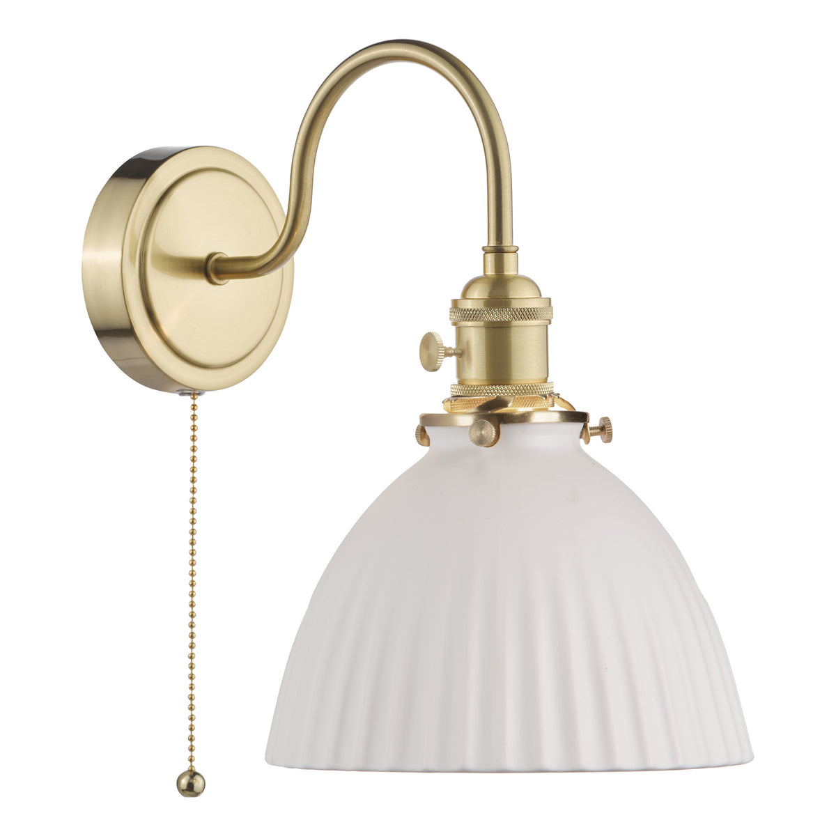 Brass wall sconce with a curved arm, a white fluted bell shade, and a pull chain switch.