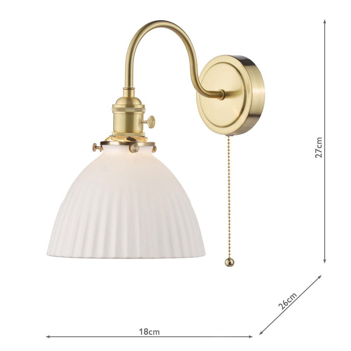 Brass wall light with a curved arm, a white fluted glass shade, and a pull chain switch. Dimensions shown.