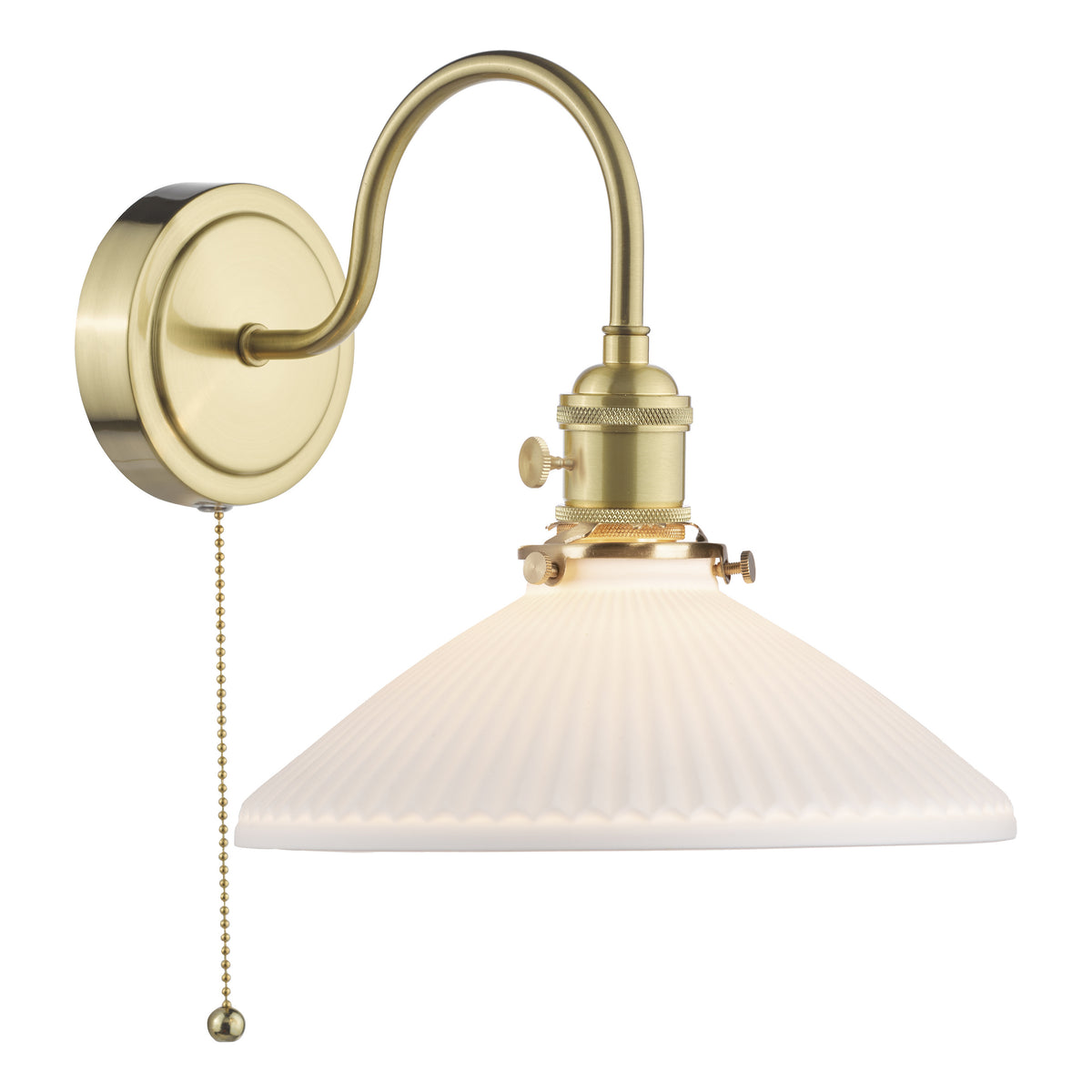 Brass wall sconce with a curved arm and a ribbed, frosted glass shade, featuring a pull chain switch.