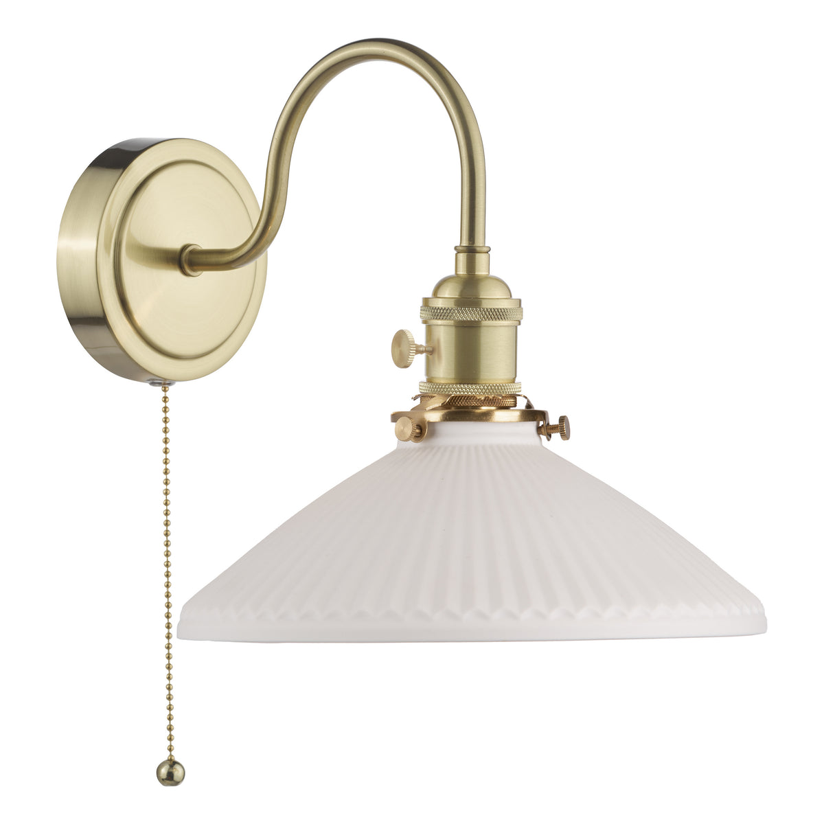 Brass wall sconce with a curved arm, a white fluted conical shade, and a pull chain switch.