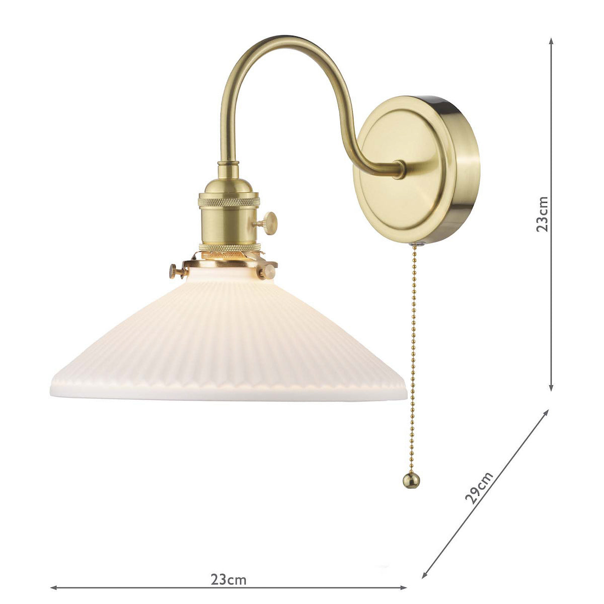 Brass wall light with a curved arm, a white fluted glass shade, and a pull chain. Dimensions included.