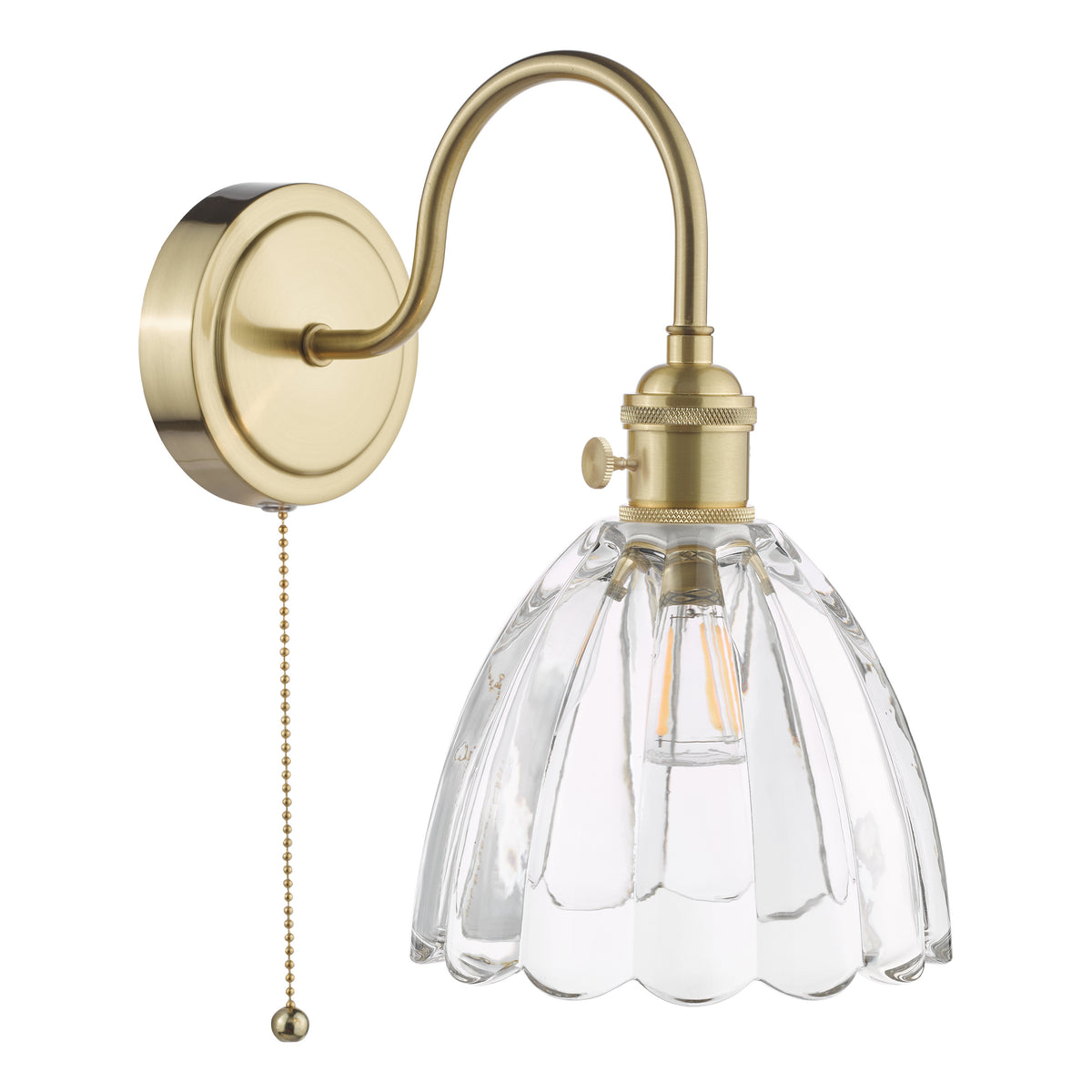 Brass wall sconce with a clear, fluted glass shade and a pull chain switch. It has an exposed filament bulb.