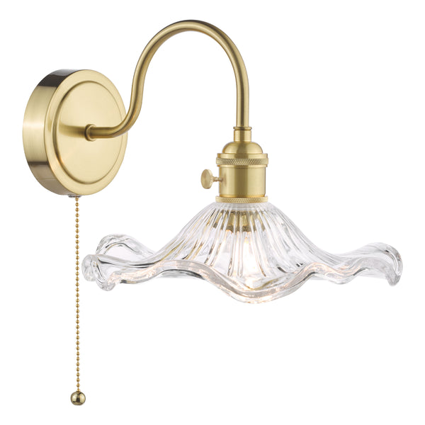 Brass wall sconce with a clear, ruffled glass shade and a pull chain switch.