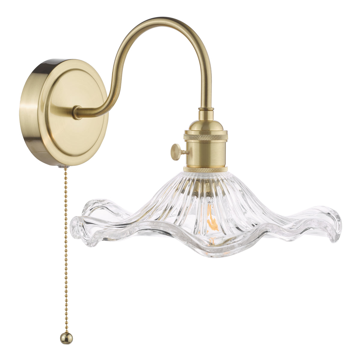 Brass wall sconce with a curved arm, a clear fluted glass shade, and a pull chain switch. 