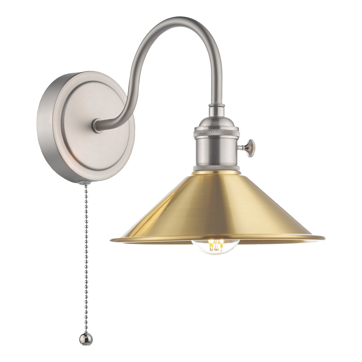 Brushed nickel wall sconce with a curved arm, a brass cone-shaped shade, and a pull chain switch. 