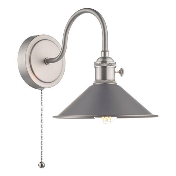 Brushed nickel wall sconce with a curved arm, a dark gray conical shade, and a pull chain. A clear bulb with visible filaments is inside.