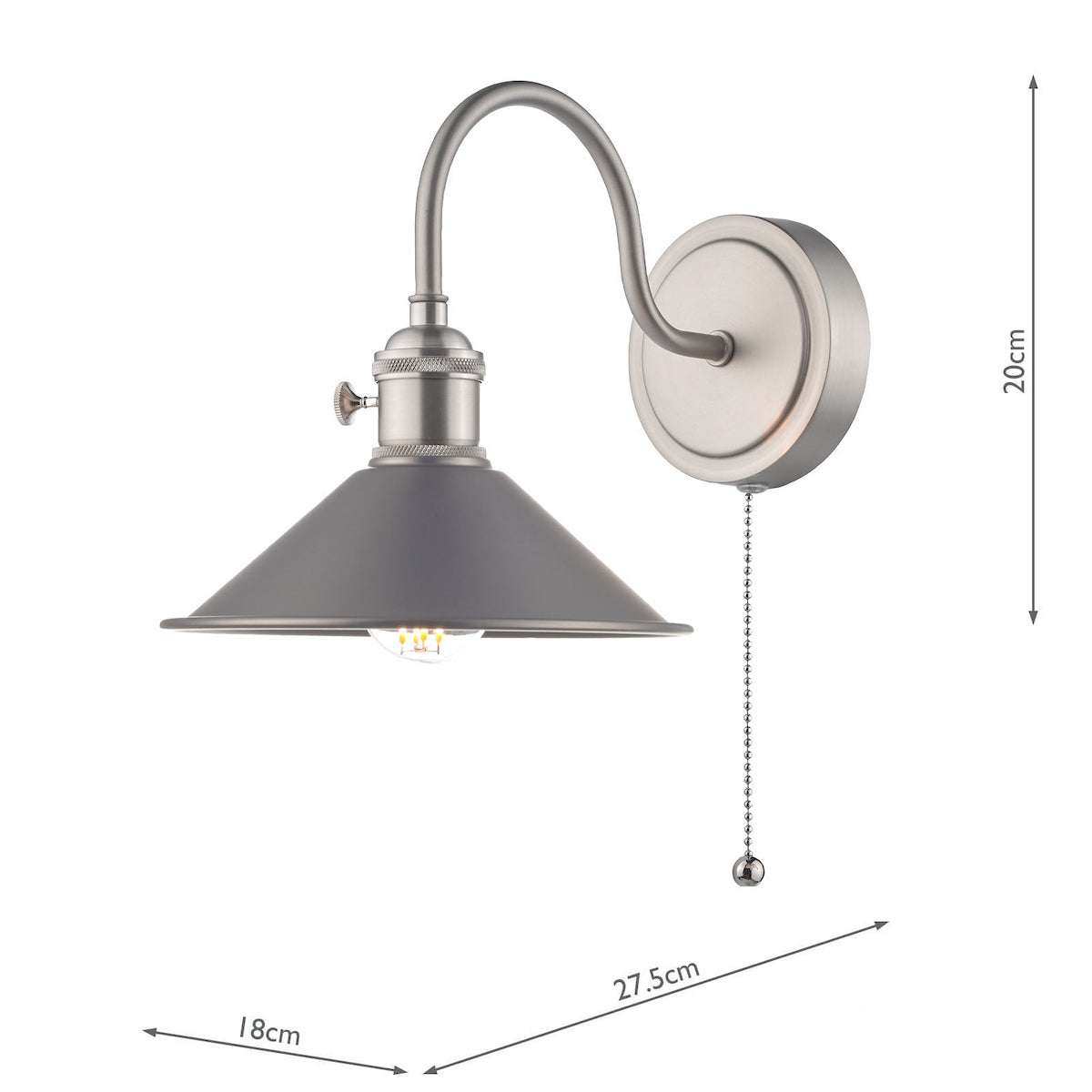 Brushed chrome wall light with a grey shade and pull chain. It measures 20cm high and 27.5cm wide.