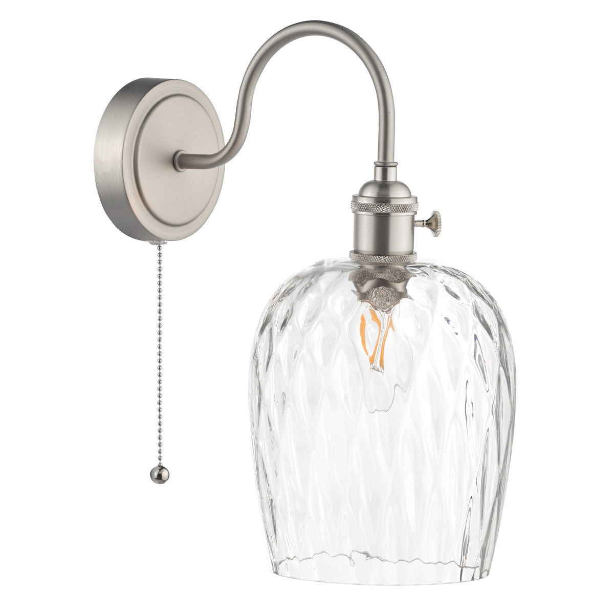 Brushed nickel wall sconce with a clear, textured glass shade and a pull chain switch. It features an exposed Edison bulb.